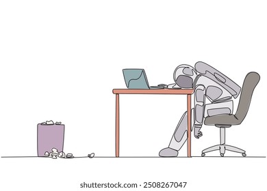 Single one line drawing astronaut sitting in a work chair looking tired. Want to write down the space expedition experiences on the laptop to make a book. Continuous line design graphic illustration