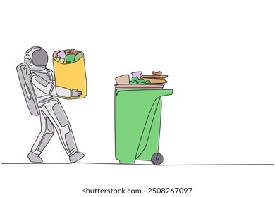 Single one line drawing astronaut walked carrying a trash bag in both hands towards trash can. Doing campaign to care about cleanliness during expedition. Continuous line design graphic illustration