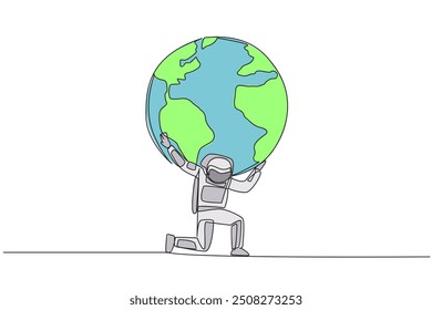 Single one line drawing astronaut kneels while cradling a globe. Fighting alone is very tiring. An invitation to protect the earth together. Cosmonaut care. Continuous line design graphic illustration