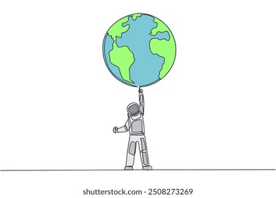 Single one line drawing astronaut standing lifting the globe with one hand. Strong determination to keep the earth beautiful. Cosmonaut caring the earth. Continuous line design graphic illustration