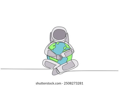 Single one line drawing astronaut sitting hugging globe. The expedition made realize that the earth should be loved more and more. Cosmic. Love the planet. Continuous line design graphic illustration