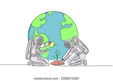 Single one line drawing astronaut holds mound of earth and the others waters plants. Team cohesiveness must be maintained. Cosmonaut loves earth. Nature. Continuous line design graphic illustration