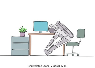 Single one line drawing astronaut sits in work chair with his legs straightened, hands hold legs. Relax. Stretch because the foot feel sore. Cosmonaut. Continuous line design graphic illustration