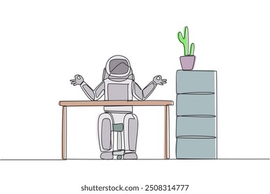 Um único astronauta de desenho de uma linha sentado em uma cadeira de trabalho com os dedos arredondados. Yoga. Acalmar a mente. Alivia o estresse. Preparando para a expedição espacial. Ilustração gráfica de design de linha contínua