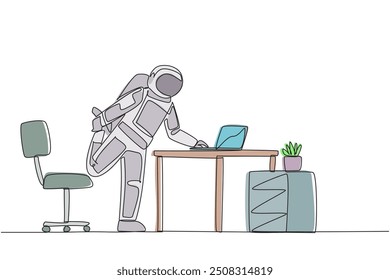 Single one line drawing astronaut standing with one leg raised and his hand typing on a laptop. Stretching. Eliminate nervousness. Work while exercising. Continuous line design graphic illustration