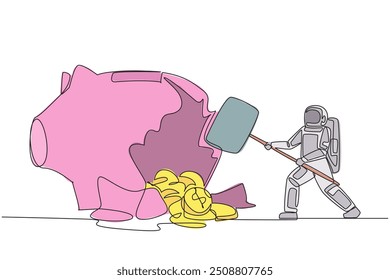 Single one line drawing astronaut hit big piggy bank with big hammer until it cracked. Coins scattered around. Not according to plan. Funding difficulties. Continuous line design graphic illustration