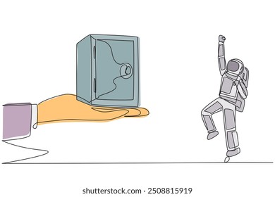 Single one line drawing astronaut was excited to get a safe deposit box from a giant hand. Store astronaut equipment in the safest place. Locked tight. Continuous line design graphic illustration