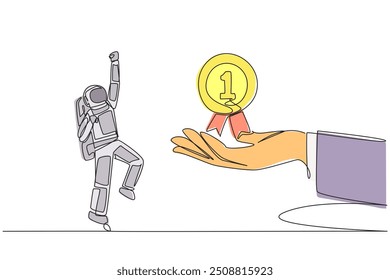 Single one line drawing astronaut was happy to get medal award from giant hand. Achievement. Confession. Successfully complete a space mission. Cosmonaut. Continuous line design graphic illustration