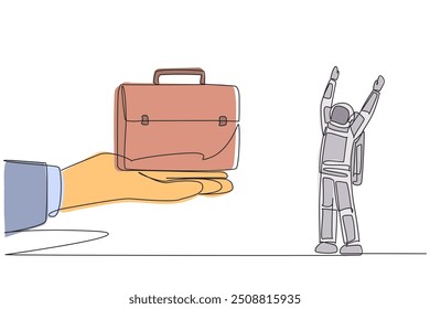 Um único astronauta desenhando uma linha estava animado para pegar a pasta de uma mão gigante. Feito de couro leve. Fácil de levar em expedições espaciais. Ilustração gráfica de design de linha contínua