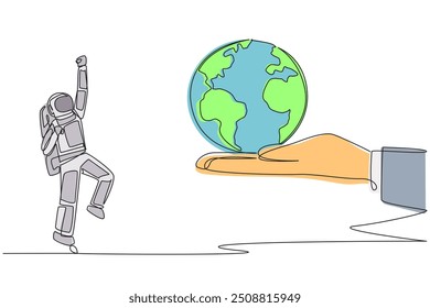 Single one line drawing astronaut excited to get the globe from giant hand. The space expedition is complete. Return to earth with joy. Spaceman deep space. Continuous line design graphic illustration