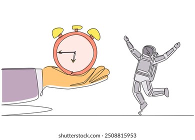 Single one line drawing astronaut excited to get alarm clock from the giant hand. Antique and classic clock shape. Loud alarm sound. Reminder. Cosmonaut. Continuous line design graphic illustration