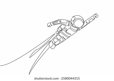 Single one line drawing astronaut flying using jetpack. Technology that makes things easier. Collecting data faster. The cosmonaut. National Astronaut Day. Continuous line design graphic illustration