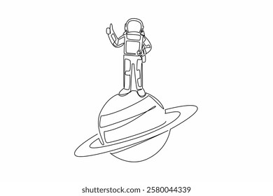 Single one line drawing astronaut standing on planet Saturn with his fingers forming a thumbs up gesture. The furthest explorer. National Astronaut Day. Continuous line design graphic illustration