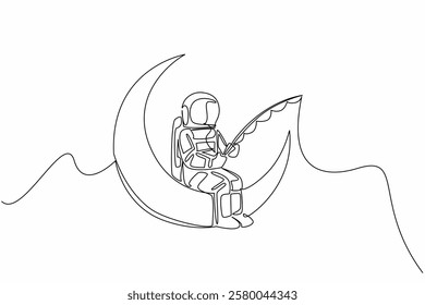 Single one line drawing astronaut fishing while sitting on the crescent moon. Relaxing. Spending free time. Off duty. The cosmonaut. National Astronaut Day. Continuous line design graphic illustration