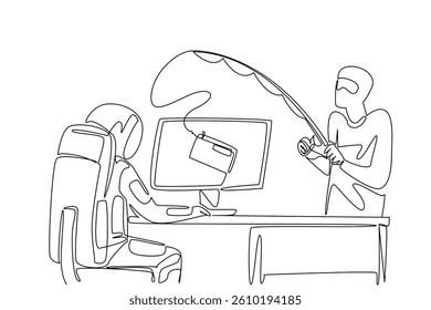 Single one line drawing astronaut typing and thief fishing credit card from the top of the screen. Information breach. National Senior Fraud Awareness Day. Continuous line design graphic illustration