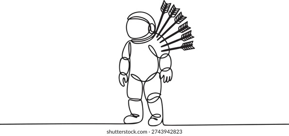 Single one line drawing the astronaut standing and several arrows stuck in the back. Attacked from behind. Destroyed and helpless. Fake partner. Traitor. one line Icon drawing
