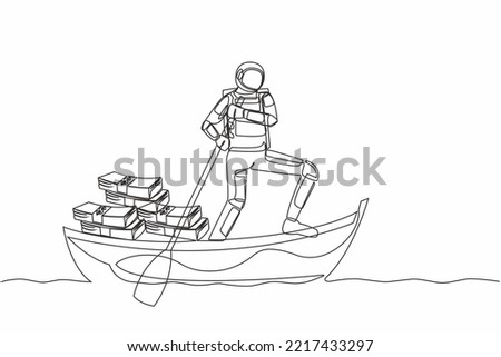 Single one line drawing astronaut sailing away on boat with pile of banknote. Financial crime or money laundering in space exploration. Cosmic galaxy space. Continuous line design vector illustration
