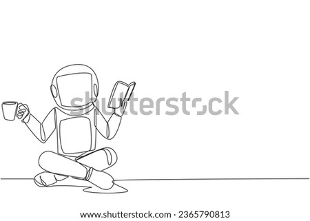 Single one line drawing astronaut sitting cross-legged reading the book. Accompanied by mug of coffee to make reading more interesting. Knowledge. Calmness. Continuous line design graphic illustration