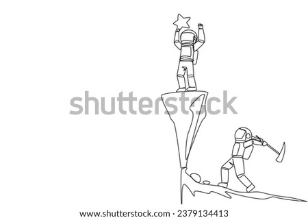 Single one line drawing astronaut standing on a cliff lifting a star. An envious friend, eating away at success from the inside to fall down. The traitor. Continuous line design graphic illustration