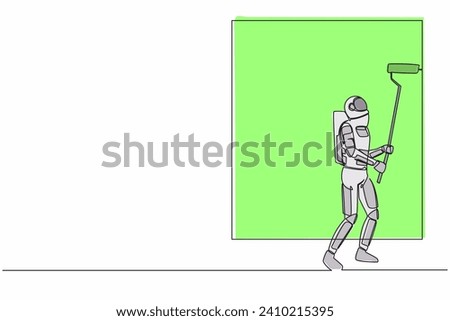 Single one line drawing astronaut painter decorator at work. Future house decoration. Preparation home reparation on moon surface. Cosmic galaxy space. Continuous line draw design vector illustration