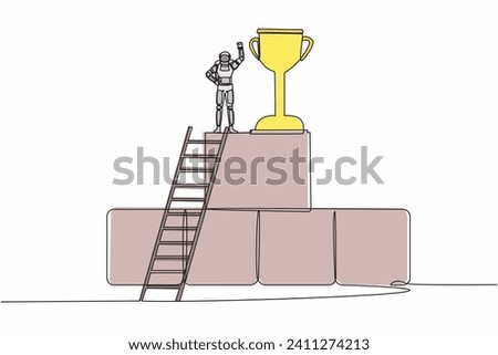Single one line drawing astronaut climb ladder and standing with fist up gesture on big graphic bar beside huge trophy. Celebrate success space exploration. Continuous line design vector illustration