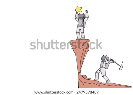 Single one line drawing astronaut standing on a cliff lifting a star. An envious friend, eating away at success from the inside to fall down. The traitor. Continuous line design graphic illustration
