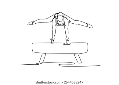 Uma única linha de desenho atleta ginasta exercício cavalo pommel em campeonato ginástica artística, jogos de esporte de verão. O homem realiza movimentos acrobáticos. Ilustração de vetor gráfico de design de linha contínua