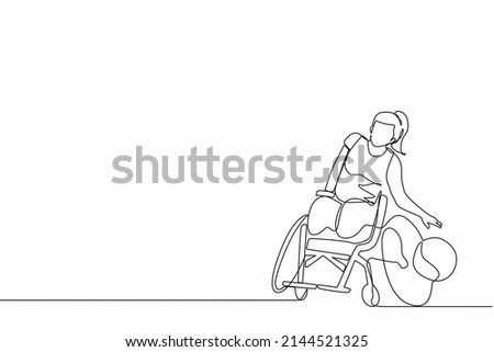 Single one line drawing athlete playing basketball sitting in wheelchair.  woman with paralyzed legs training with ball. Person with disability doing sports. Continuous line draw design vector