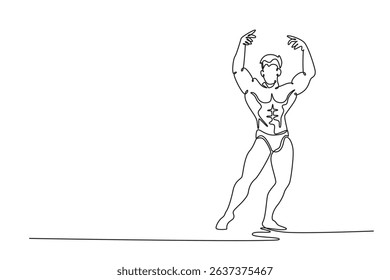 Single one line drawing athletic man posing perfect physique at fitness gym. Strong bodybuilder flexing muscles. Sports, strength, motivation. Continuous line draw design graphic vector illustration