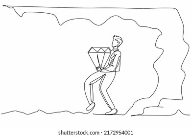 Una sola línea dibujando a un atractivo empresario que lleva grandes diamantes desde el subsuelo. Atesora cavar piedra de diamante. Éxito, concepto de logro. Ilustración vectorial de diseño de línea continua