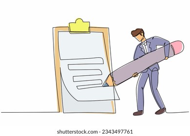 Single one line drawing attractive businessman mark checklist with pencil. Person completion business task. Goal achievements planning schedule. Continuous line draw design graphic vector illustration