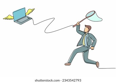 Single one line drawing attractive businessman try to catching flying laptop with butterfly net. System data computing for working efficiency. Modern continuous line design graphic vector illustration