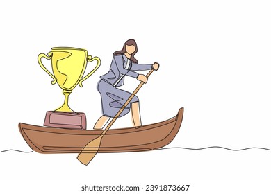 Una sola línea dibujando a una atractiva mujer de negocios navegando en bote con trofeo. Premio del Campeonato Mundial de Vela. Ganadora de la competición de deportes acuáticos. Ilustración vectorial de diseño de línea continua