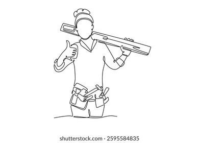 Single one line drawing of attractive carpenter woman carrying planks of wood on her shoulder with thumbs up gesture. Home construction concept. Continuous line draw design graphic vector illustration