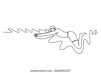 Single one line drawing attractive male swimmer in breaststroke style in swimming pool, stroking, immersing, and lifting out water to breathe. Continuous line draw design graphic vector illustration