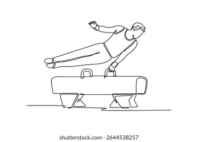 Uma única linha de desenho ginasta atraente realizando em pommel cavalo competição ginástica artística. Encaixe o atleta ginasta em roupas esportivas. Desenho de linha contínua moderna desenho gráfico vetor ilustração