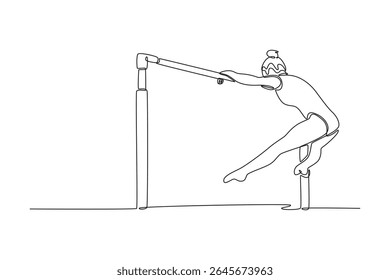 Uma única linha de desenho atraente ginasta feminina balançando em barras desiguais enquanto fazendo exercícios musculares durante o treino de calistenia na arena. Ilustração de vetor gráfico de design de desenho de linha contínua