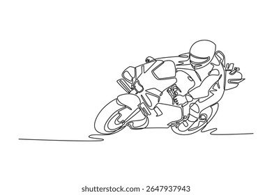 Single one line drawing attractive rider on sport motorcycle leaning and dragging knee. Moto racer practice to improve speed at circuit. Modern continuous line draw design graphic vector illustration