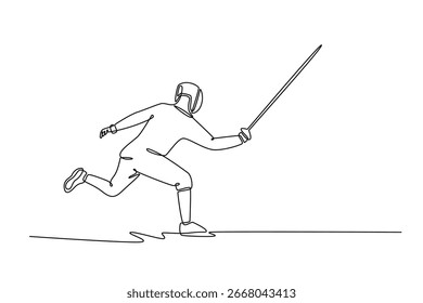 Uma única linha desenhando esgrimista atraente está correndo para frente com folha. Simbolizando velocidade, movimento para frente e o início do ataque rápido. Desenho de linha contínua moderna desenho gráfico vetor ilustração