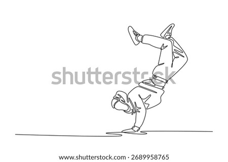 Single one line drawing attractive guy executing demanding one-handed handstand, or freeze power move, fundamental part of breakdancing. Modern continuous line draw design graphic vector illustration