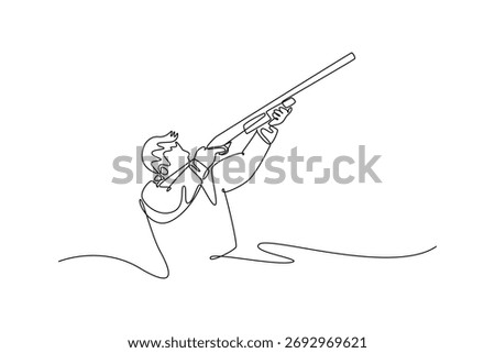 Single one line drawing attractive man, a shooting athlete, is aiming a shotgun upward to target an airborne object with intense focus. Modern continuous line draw design graphic vector illustration