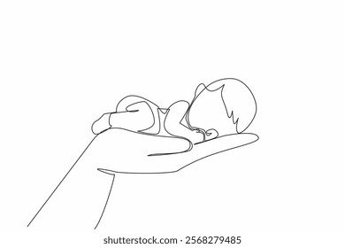 Single one line drawing baby sleeping on palm. Symbolism. The most comfortable place for a child is with the parents. Tenderness and affection. Baby Day. Continuous line design graphic illustration