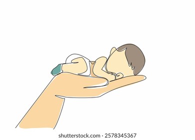 Single one line drawing baby sleeping on palm. Symbolism. The most comfortable place for a child is with the parents. Tenderness and affection. Baby Day. Continuous line design graphic illustration