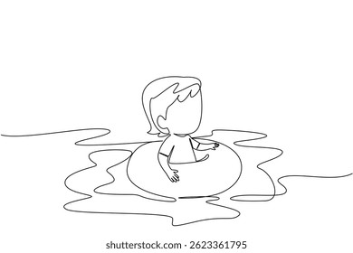Single one line drawing baby girl wearing a swimming ring. First swimming experience for little one. Happy full of fun. Excited. National Learn to Swim Day. Continuous line design graphic illustration