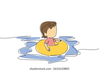 Single one line drawing baby girl wearing a swimming ring. First swimming experience for little one. Happy full of fun. Excited. National Learn to Swim Day. Continuous line design graphic illustration