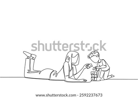 Single one line drawing a babysitter is lying on the floor accompanying a boy playing with building blocks. The creative nanny. National Babysitter Day. Continuous line design graphic illustration