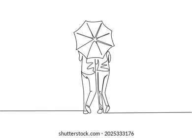 Single one line drawing back view young couple man woman, cute girl and boy walking holding umbrella under rain. Romantic couple at rainy autumn weather. Continuous line draw design graphic vector