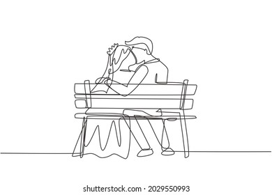 Single one line drawing back view cute married couple sweet kissing sitting on bench in park. Happiness guy and girl in love with wedding dress. Continuous line draw design graphic vector illustration