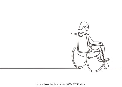 Single one line drawing back side of lonely old woman sitting on wheelchair and looking at distant dry autumn leaves in outside. Lonely, forlorn, desolate, lonesome. Continuous line draw design vector