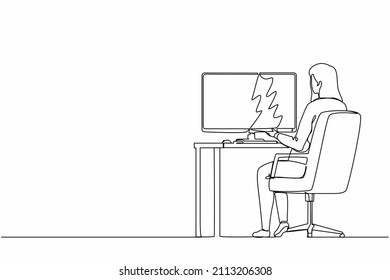 Single one line drawing back view businesswoman works computer  Woman sitting chair behind office desk  Business person working monitor screen  Continuous line draw design vector illustration